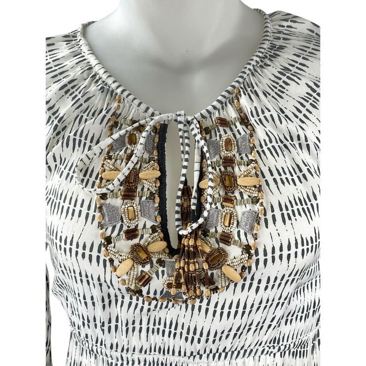 Skemo White Abstract Beaded Tie Neck Long Sleeve Tiered Midi A-line Dress Size M