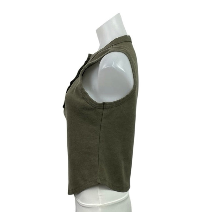 Vintage Threadz Green Sleeveless Crew Neck Button Up Crop Henley Tank Top Sz XL