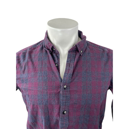 Men's Purple Plaid Checkered Collared Long Sleeve Casual Button Down Shirt Top S
