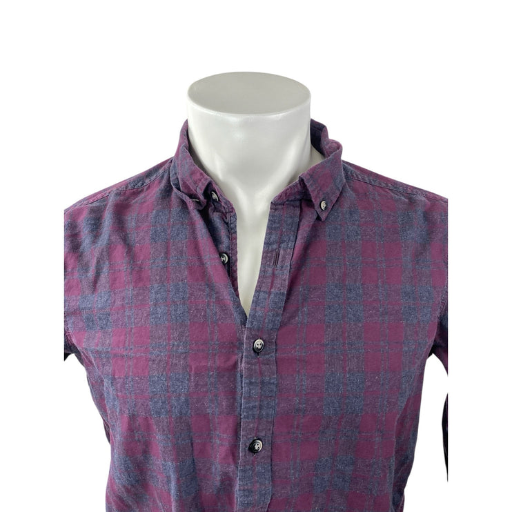 Men's Purple Plaid Checkered Collared Long Sleeve Casual Button Down Shirt Top S