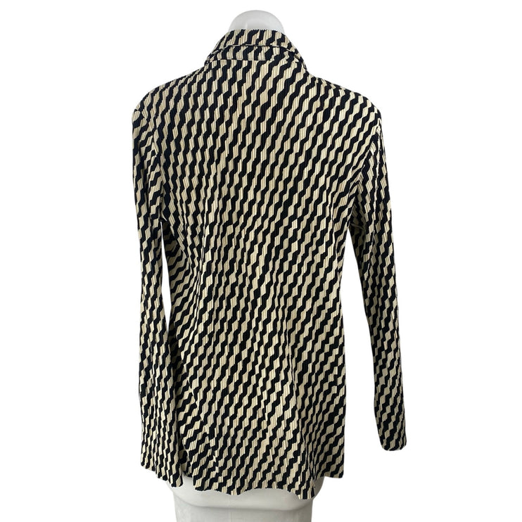 H&M Black Beige Zig Zag Stripe Plisse Long Sleeve Button Down Shirt Top Size M