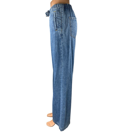Zara Women's Blue High Waisted Tie Waist Wide Leg Baggy Denim Jeans Size S
