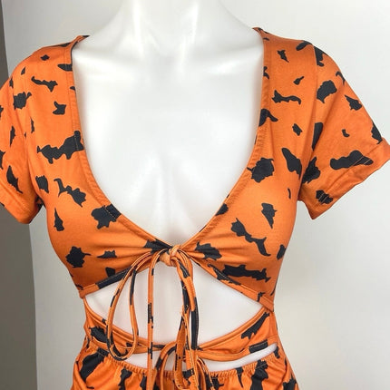 Womens Orange Satin Halloween Print Cut Out Ruched Ruffle Mini Bodycon Dress Sz M