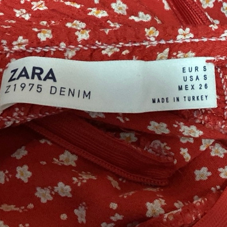 Zara Red Floral Sweetheart Neck Flutter Sleeve Bow Smocked Back Mini Dress Sz S