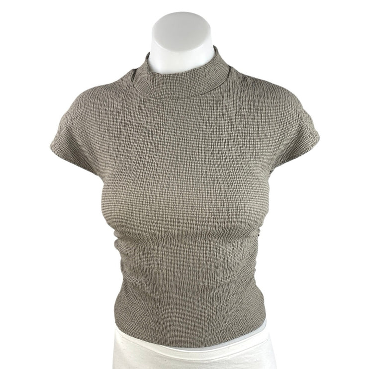 Zara Women's Gray Smocked Short Cap Sleeve Mock Neck Textured Crop Top Size S