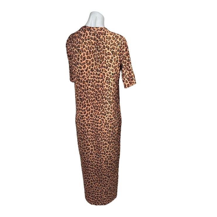 Zara Brown Tan Leopard Animal Print Plisse Short Sleeve Maxi T-Shirt Dress Sz S