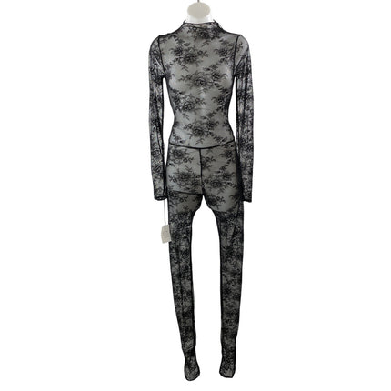 NEW NBD Black Floral Lace Mesh Sheer Mock Neck Long Sleeve Jumpsuit Size XS