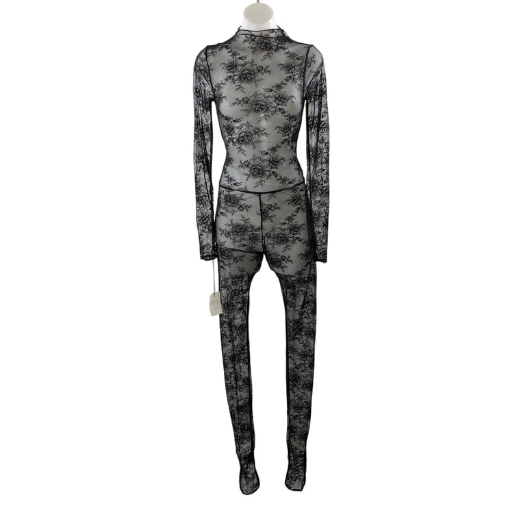 NEW NBD Black Floral Lace Mesh Sheer Mock Neck Long Sleeve Jumpsuit Size XS