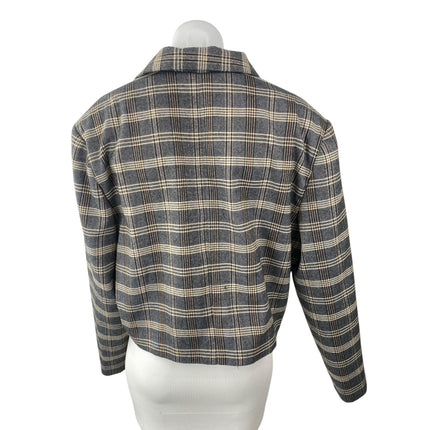 Oak + Fort Gray Plaid Check Notched Collar Long Sleeve Crop Blazer Coat Jacket M