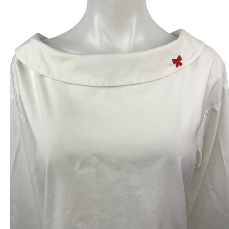 b+ab White Red Ribbon Bow Boat Neck Button Up Long Sleeve Blouse Top Size 10