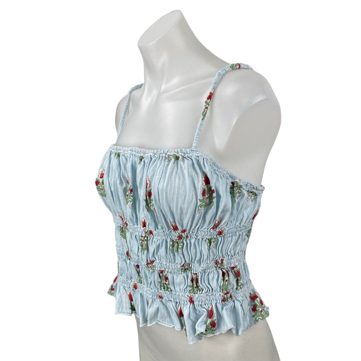Free People We The Free Dolce Vita Blue Floral Ruffle Ruched Cami Tank Top Sz L