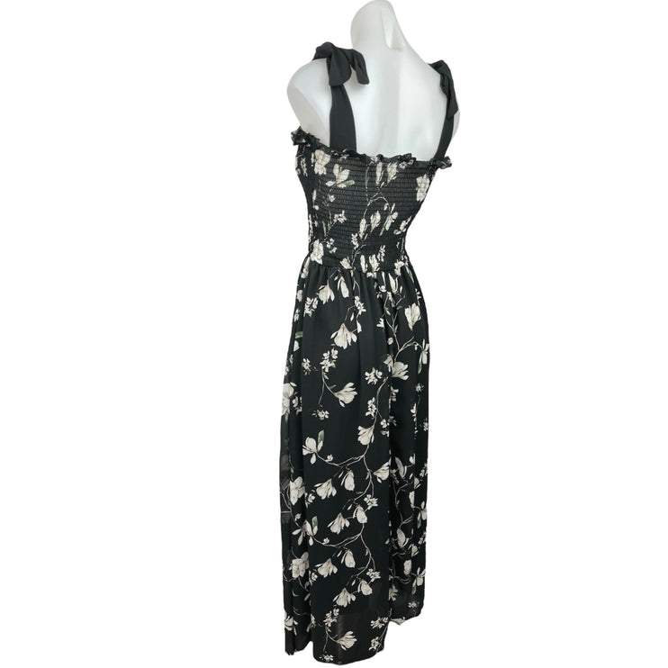 Shein Black Floral Ruffle Bow Strap Smocked Sleeveless Maxi A Line Dress Size 4