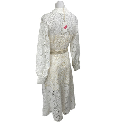 NEW L'atiste White Paisley Lace Long Sleeve Belted Midi A-Line Shirt Dress Sz M