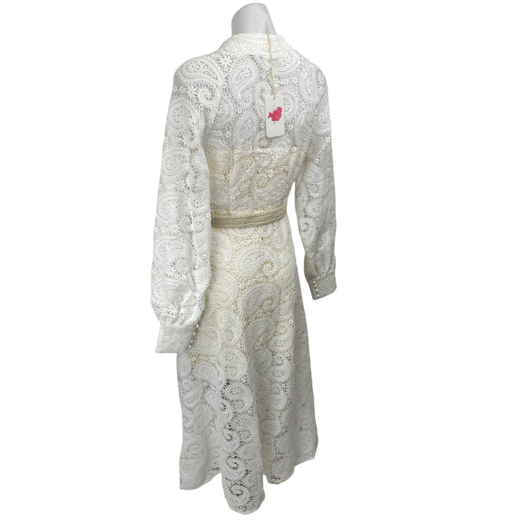 NEW L'atiste White Paisley Lace Long Sleeve Belted Midi A-Line Shirt Dress Sz M