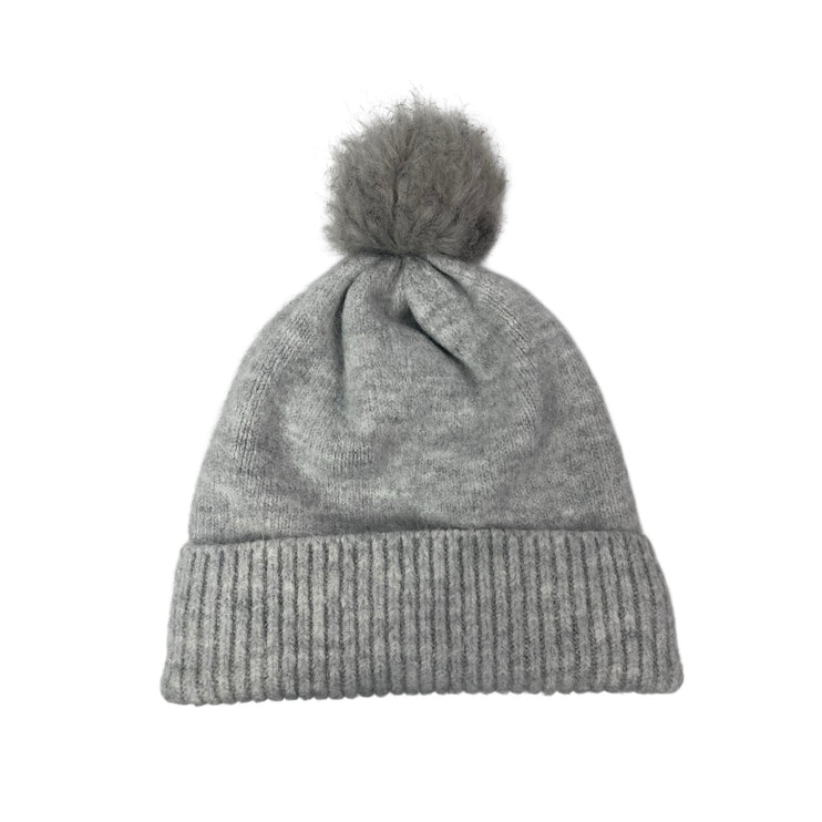 Joy Susan Women's Gray Knit Fleece Lined Ribbed Cuffed Pom Pom Beanie Hat OS