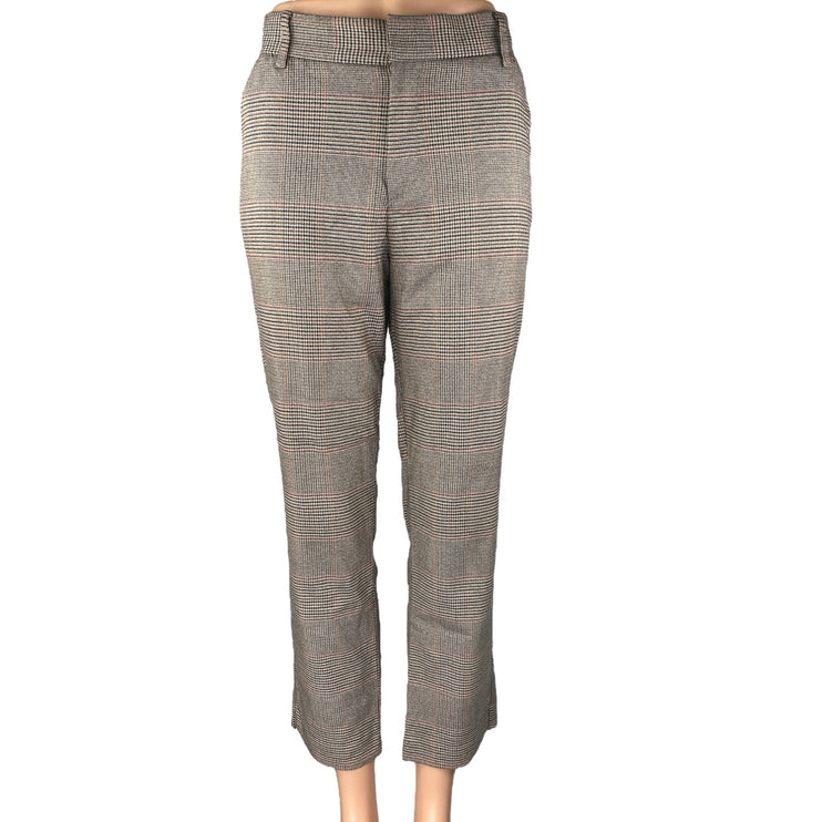 Zara Brown Houndstooth Plaid High Waisted Straight Leg Trousers Dress Pants Sz M