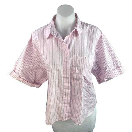 Zara Women's Pink Black Pinstriped Short Sleeve Button Down Shirt Top Size M