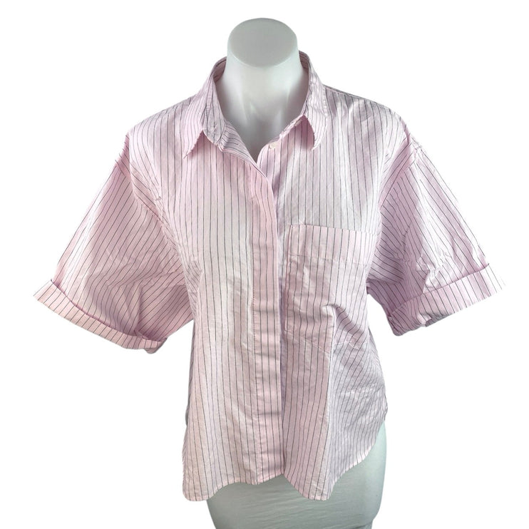 Zara Women's Pink Black Pinstriped Short Sleeve Button Down Shirt Top Size M