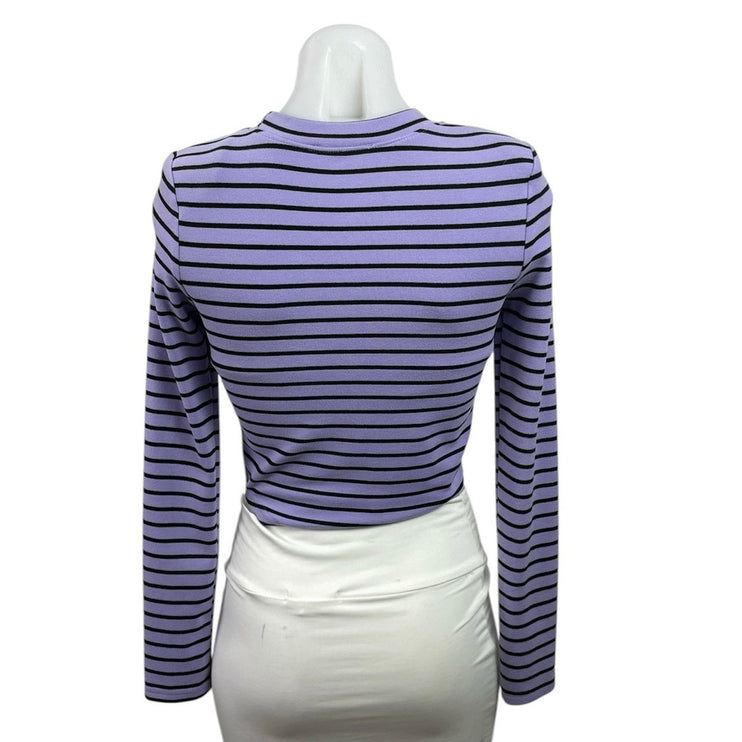 Cider Purple Black Stripe Crew Neck Long Sleeve Casual Crop Tee T-Shirt Top Sz S
