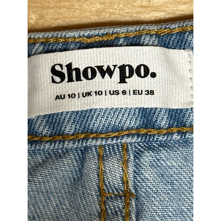 Showpo Blue Light Wash Frayed Raw Hem Mini Cutoff Denim Jeans Pencil Skirt Sz 6