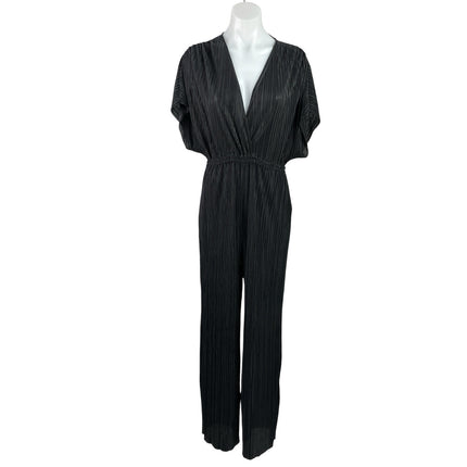 Zara Black Pleated Plisse Faux Wrap Short Sleeve Wide Leg Romper Jumpsuit Size S