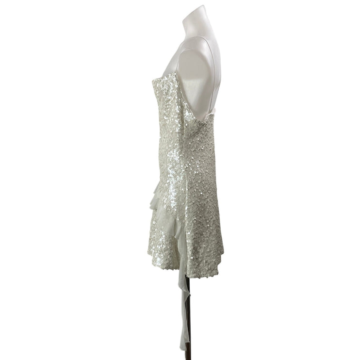 Zara White Sequin Ruffle Bridal Sparkly Sleeveless Cowl Neck A Line Mini Dress M