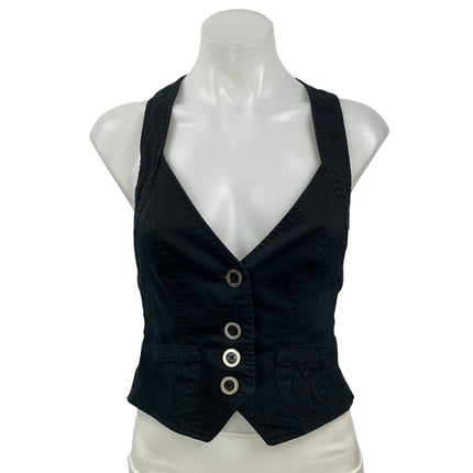 Guess Jean Women's Black Sleeveless Racerback V Neck Button Up Vest Crop Top S