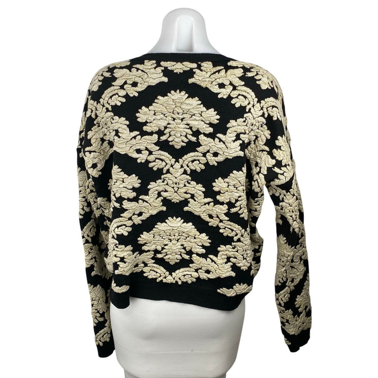 Pull & Bear Women's Black Cream Tapestry Floral Long Sleeve Knit Sweater Top XL