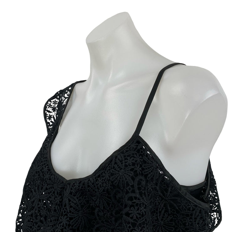 Topshop Women's Black Floral Crochet Lace Ruffle Asymmetrical Crop Tank Top Sz 2