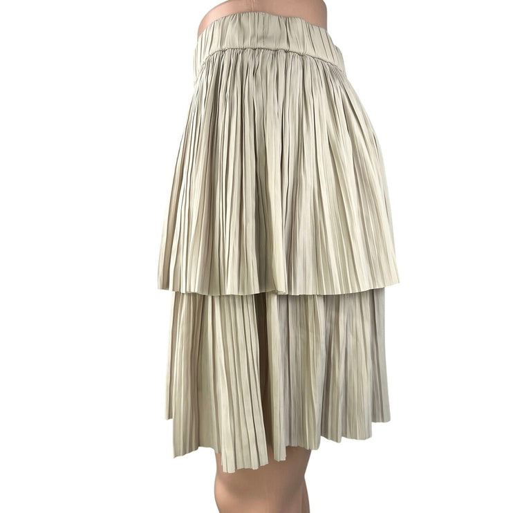 Berenice Cream White Elastic Waist Pleated Layered Tiered A-Line Mini Skirt 36