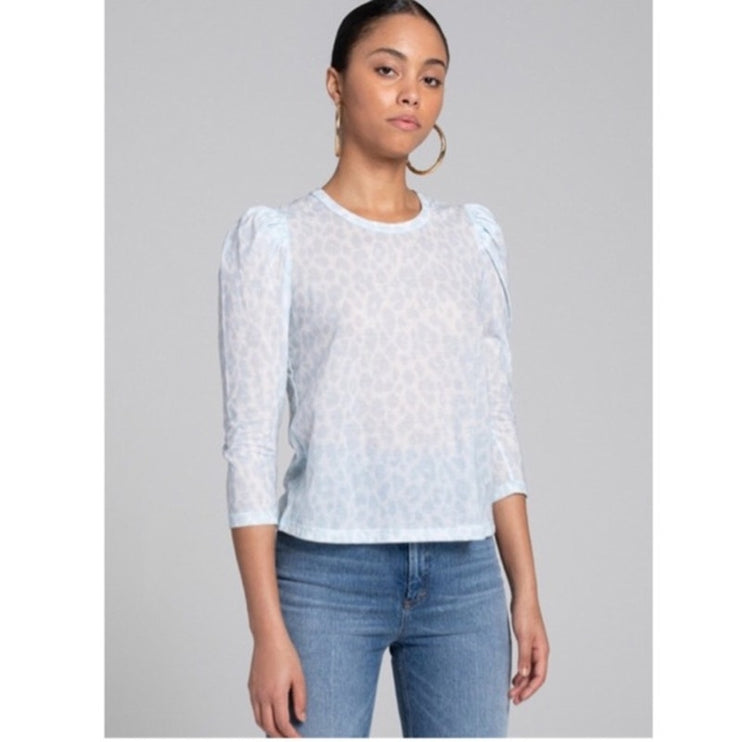 A.L.C Karlie Women's Blue Leopard Animal Print Puff Half Sleeve Blouse Top Sz XS