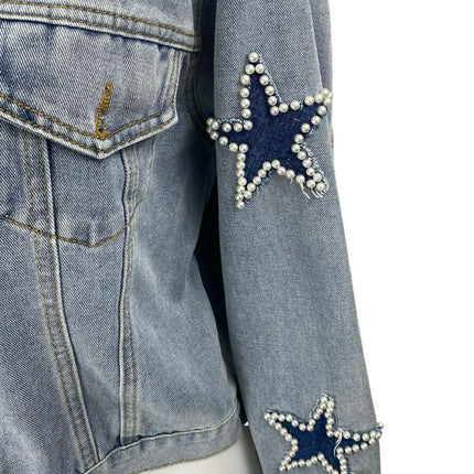 Women's Blue Star Beaded Long Sleeve Frayed Button Up Denim Jean Jacket Size M