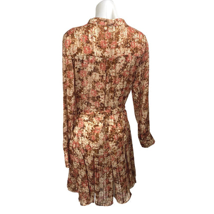 En Saison Multicolor Floral Long Sleeve Pleated Tie Shirt Mini Dress Size M