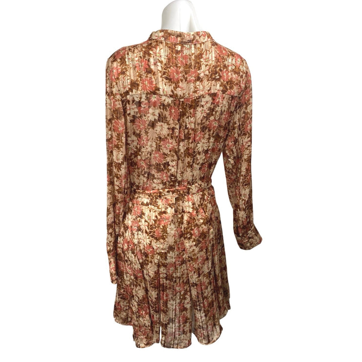 En Saison Multicolor Floral Long Sleeve Pleated Tie Shirt Mini Dress Size M