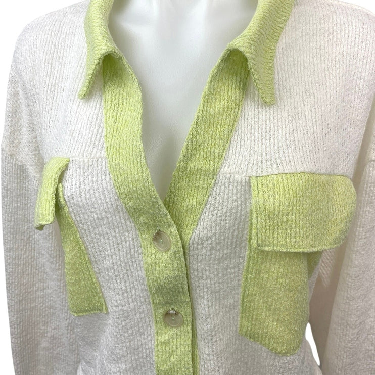 The Shoppe White Green Collared Pocket Button Up Cardigan Sweater Top Size L