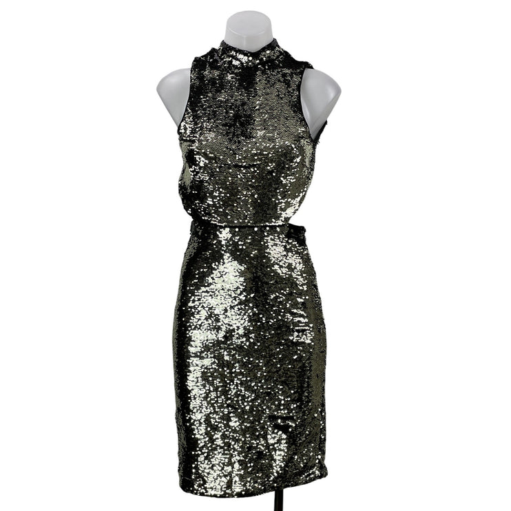 H&M Women's Black Silver Sleeveless Metallic Sequin Cutout Bodycon Midi Dress 4