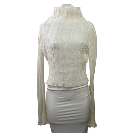 Neglige Women's Ivory White Pleated Long Sleeve Turtleneck Blouse Top Size S