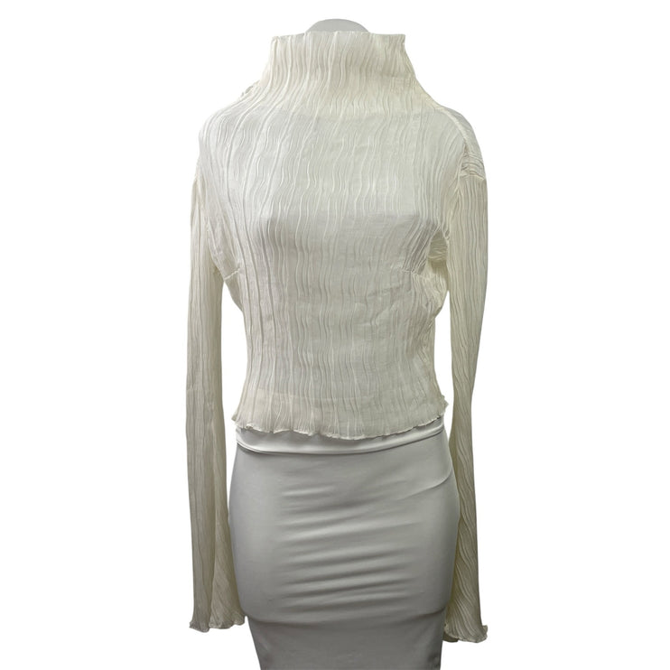 Neglige Women's Ivory White Pleated Long Sleeve Turtleneck Blouse Top Size S