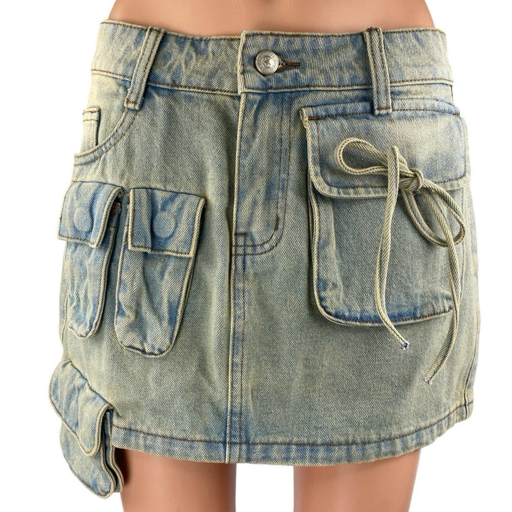 Princess Polly Infinite Love Blue Washed Denim Jean Cargo Mini Skirt Size 4