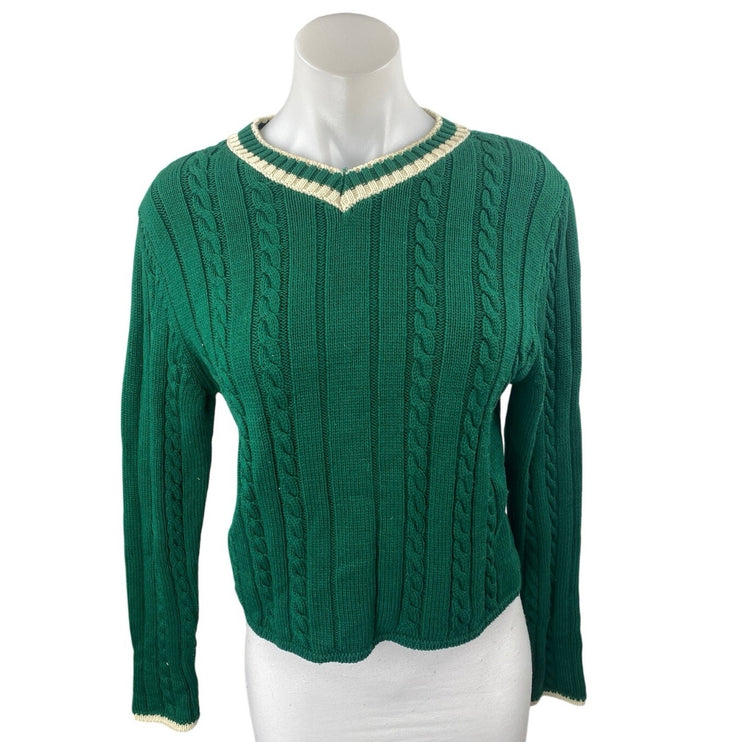 Zara Women's Green Cable Knit V-neck Long Sleeve Sweatshirt Sweater Top Size M