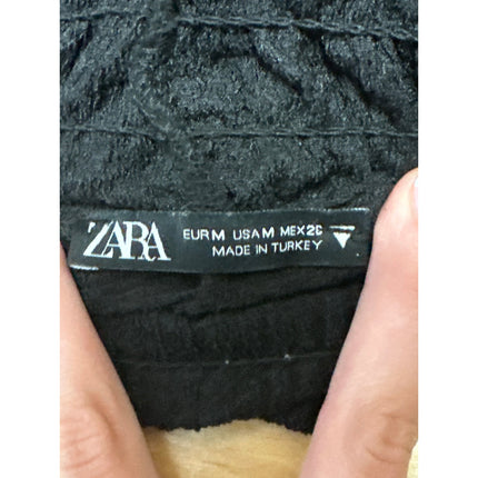 Zara Black Rib Knit Ruffle Mock Neck Half Sleeve Mini Shift Sweater Dress Size M