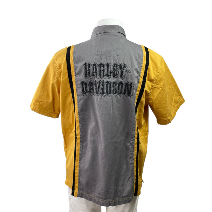 Harley Davidson Yellow Gray Colorblock Mechanic Short Sleeve Button Up Shirt L