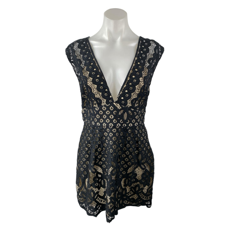 Free People One Million Lovers Black Lace Sleeveless V Neck A Line Mini Dress OS
