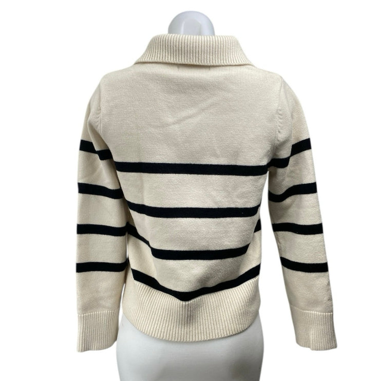 MNG Mango Women's Cream Black Knit Striped Long Sleeve Polo Sweater Top Size XS