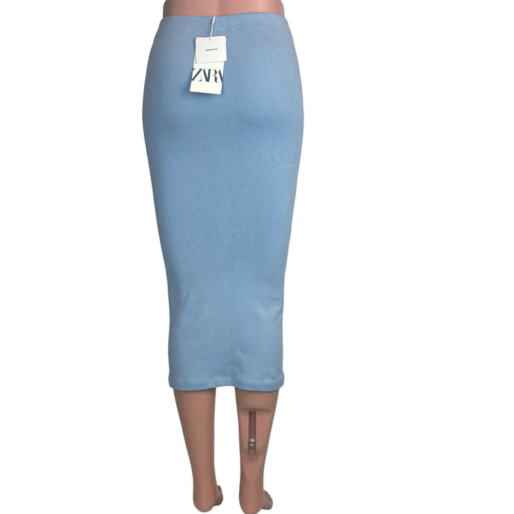 Zara NWT Women's Light Blue Cotton Seamless Fitted Midi Pencil Skirt Size XS/S