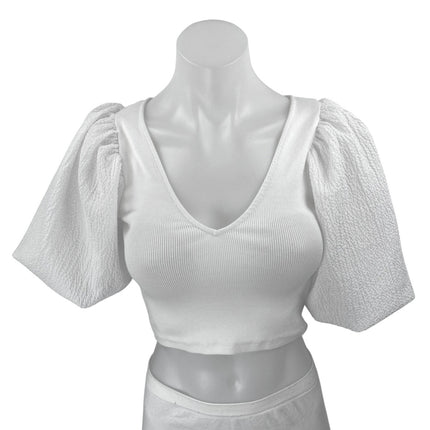 Zara Women's White Short Puff Sleeve V Neck Ribbed Knit Blouse Crop Top Size S