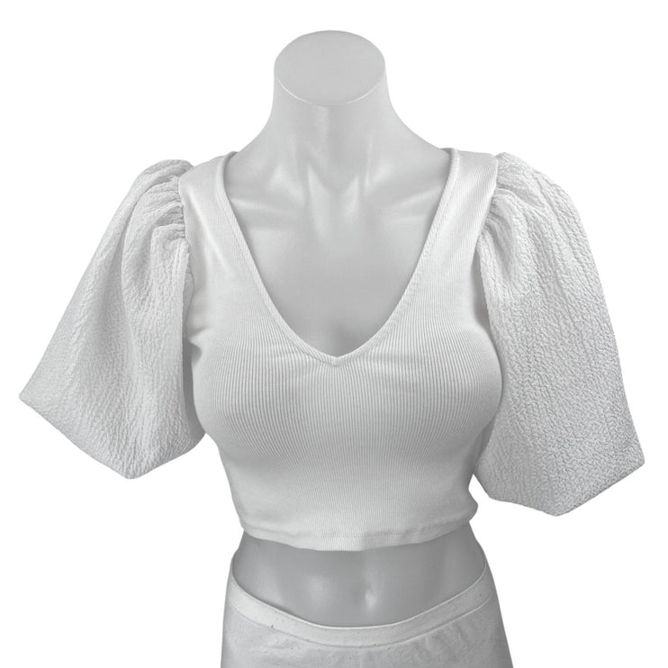 Zara Women's White Short Puff Sleeve V Neck Ribbed Knit Blouse Crop Top Size S