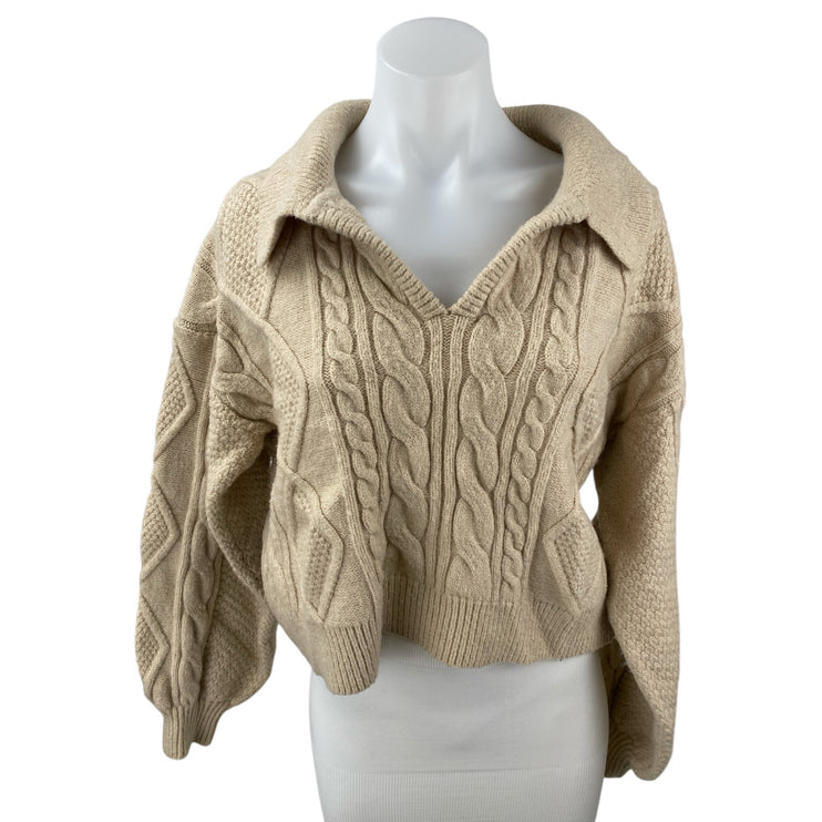 Steve Madden Cay Johnny Beige Collared Long Sleeve Sweatshirt Sweater Top Size S