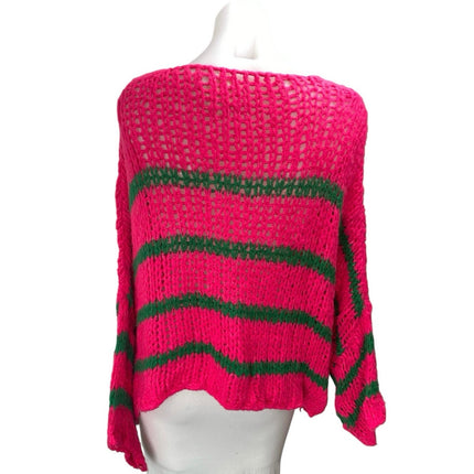 Moment Pink Green Wool Crochet Knit Striped Long Sleeve V Neck Sweater Size S