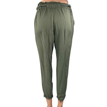 Know One Cares Women's Olive Green High Waist Tapered Paperbag Trousers Pants S